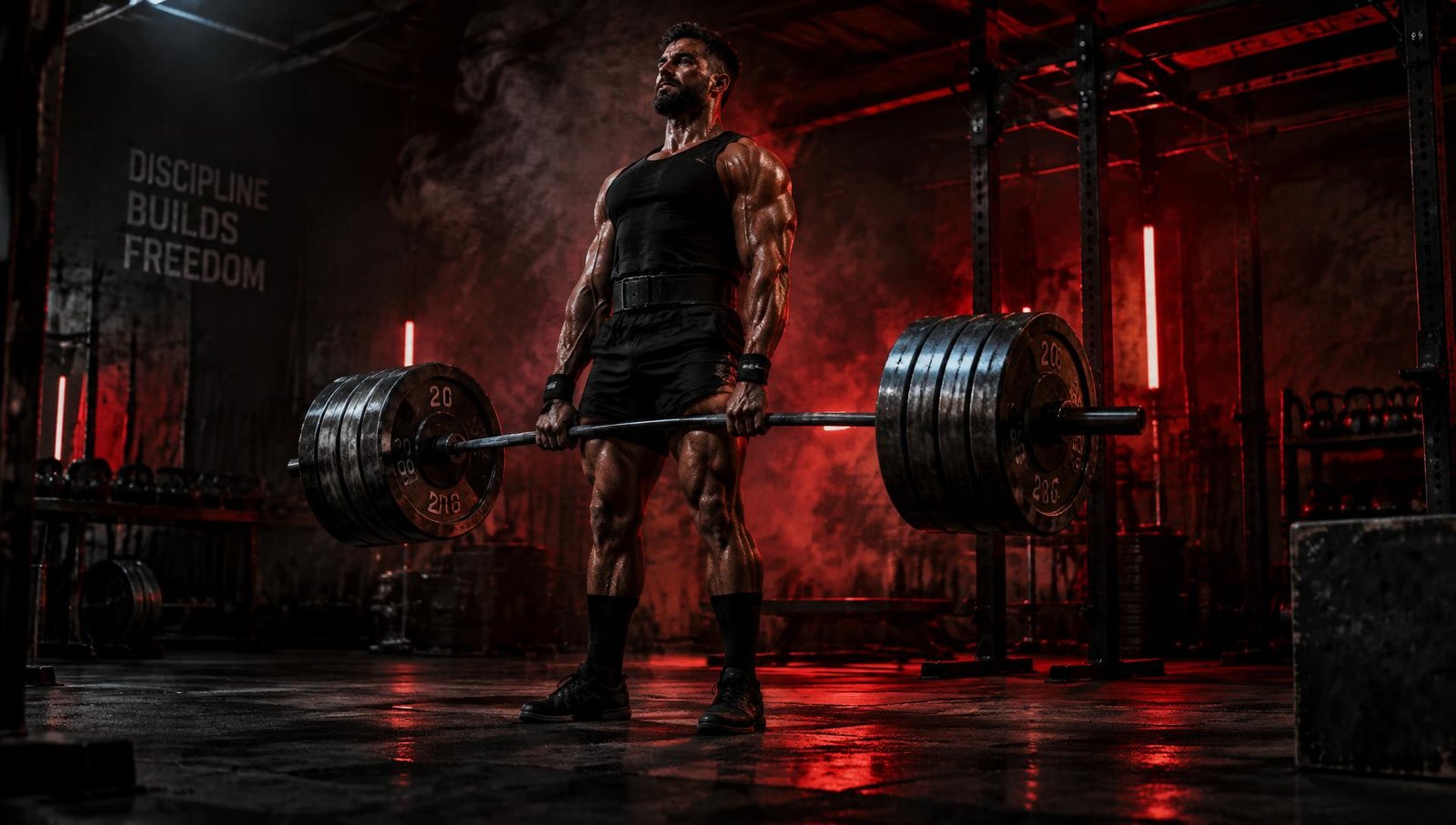 Athlete deadlifting in a dark gym